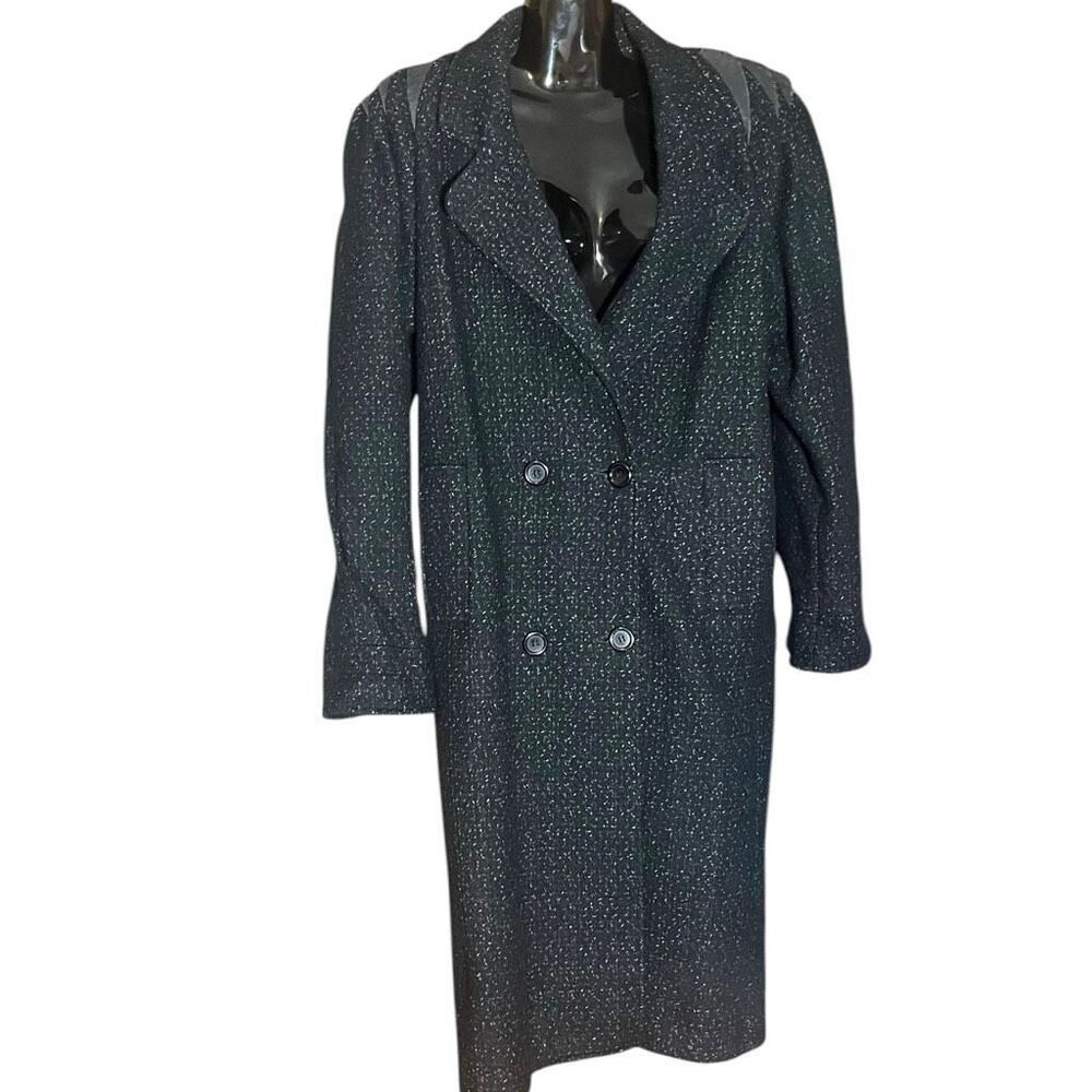 David Benjamin‎ Pure Wool Vintage Leather Trim Long Button Up Coat